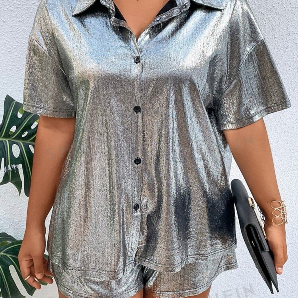 SHEIN Coolane Plus Holographic Drop Shoulder Shirt & Paperbag Waist Shorts